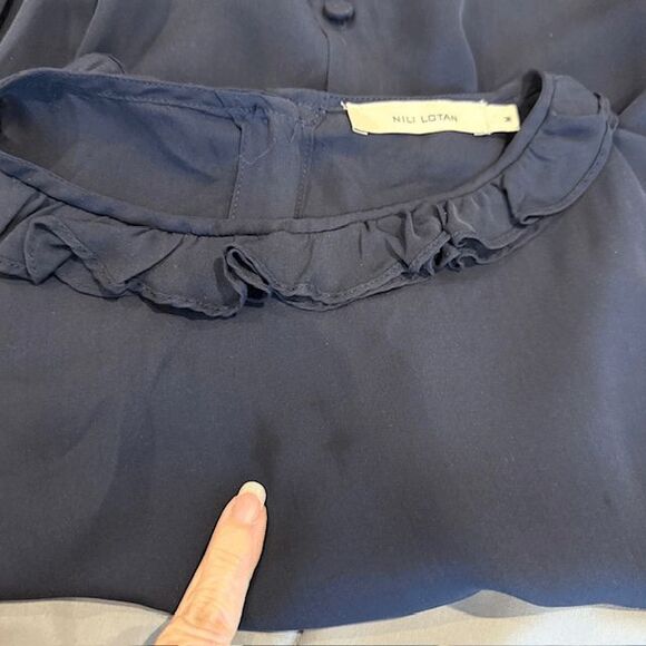 Nili Lotan 100% Silk Navy Blue Blouse Ruffle Neck Button Up Back Size Medium - Picture 6 of 12